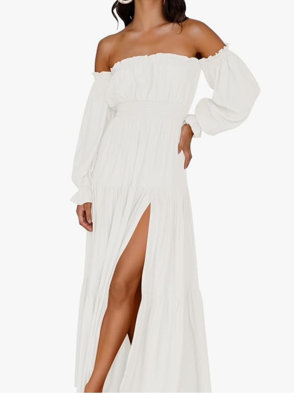 Off-Shoulder White Side-Slit Maxi Dress